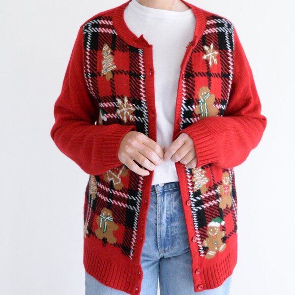 Vintage Kim Rogers Red Black Gingerbread Christmas Button Up Cardigan Sweater L - Picture 2 of 11